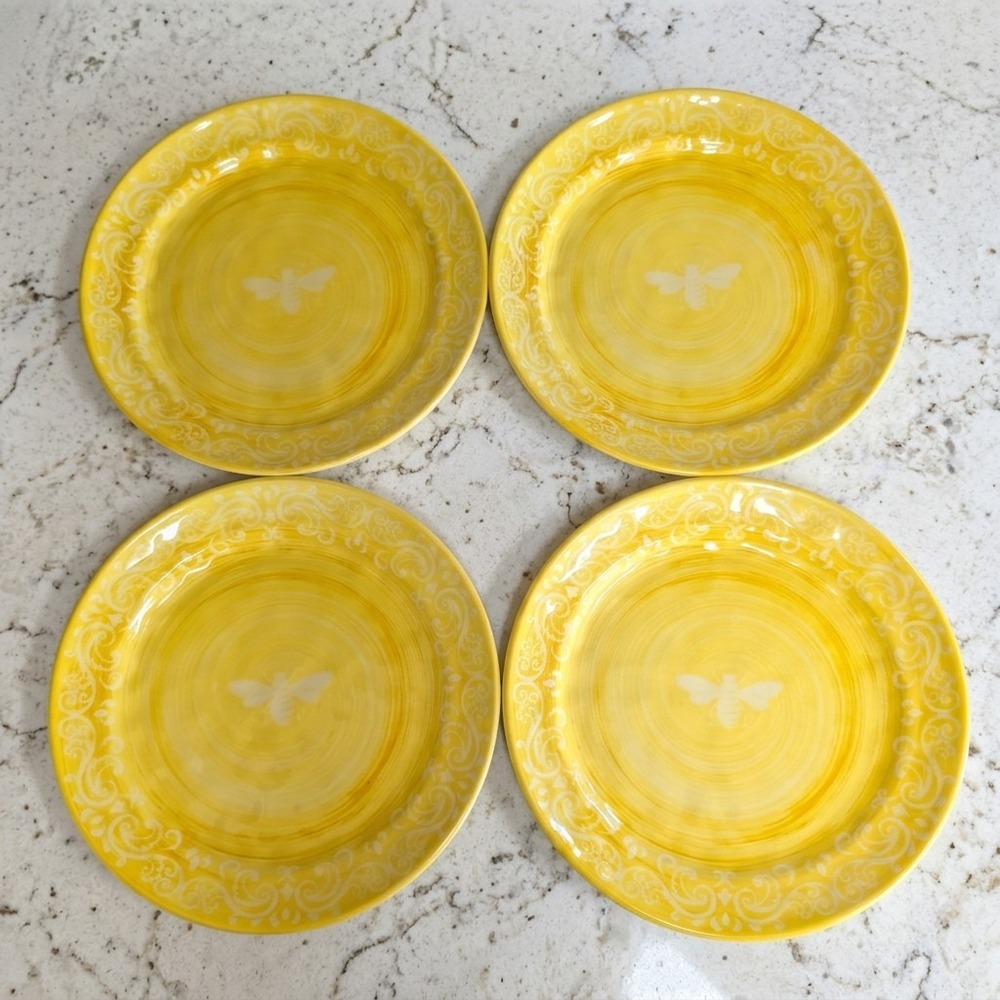 The Prairie Yellow Bee Scroll Rachel Ashwell Melamine Dinner Plates 11" Set Of 4